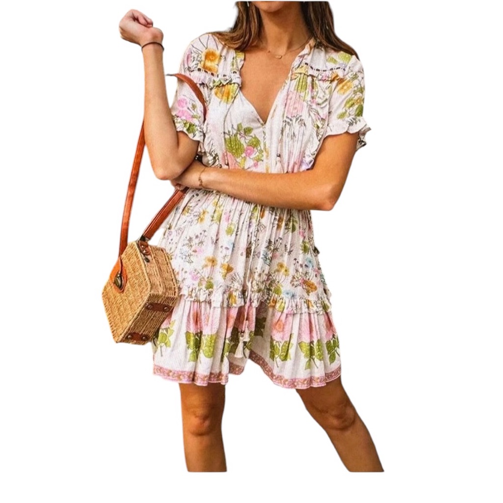 Spell & The Gypsy Wild Bloom Play Dress Floral Light Dress Tasseled Tie Xs